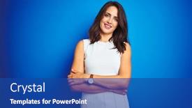  Presentation with blue business - Amazing theme having young business woman wearing white elegant dress standing over blue isolated background happy face smiling with crossed arms looking at the camera positive person backdrop and a ocean colored foreground