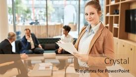  Presentation with business report - Presentation having young-business-woman-with-annual background and a coral colored foreground