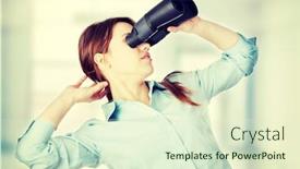  Presentation with binocular - Colorful presentation design enhanced with young business woman with binocular backdrop and a soft green colored foreground