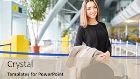  Presentation with airport terminal - Audience pleasing PPT theme consisting of young-business-woman-with-briefcase backdrop and a soft green colored foreground