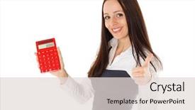  Presentation with business calculator - Presentation design with have fun together at work background and a  colored foreground.