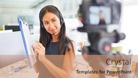  Presentation with business coaching - Presentation design enhanced with young-business-woman-with-clipboard background and a coral colored foreground