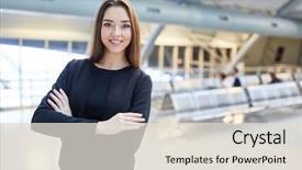  Presentation with airport terminal - Presentation design consisting of young business woman with cross background and a  colored foreground
