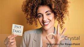  Presentation with taxes - Audience pleasing PPT layouts consisting of young-business-woman-with-curly backdrop and a coral colored foreground