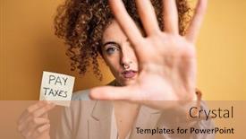  Presentation with pay - Amazing PPT theme having young-business-woman-with-curly backdrop and a coral colored foreground