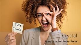  Presentation with taxes - Beautiful theme featuring young-business-woman-with-curly backdrop and a coral colored foreground