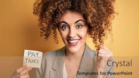  Presentation with pay - PPT layouts enhanced with young-business-woman-with-curly background and a coral colored foreground