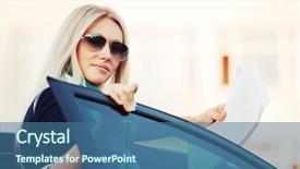  Presentation with car business - PPT theme featuring young business woman with financial papers at the car background and a ocean colored foreground