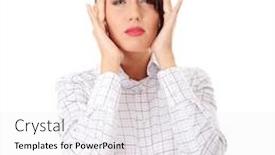  Presentation with headache - Audience pleasing presentation theme consisting of young business woman with headache isolated on white background backdrop and a white colored foreground