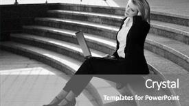  Presentation with business laptop globe satellite - Audience pleasing PPT layouts consisting of young business woman with laptop backdrop and a  colored foreground