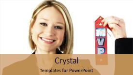  Presentation with woman business - Audience pleasing slide set consisting of young business woman with mvp backdrop and a yellow colored foreground