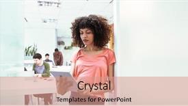  Presentation with intern - Presentation design consisting of young business woman with tablet background and a  colored foreground