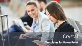  Presentation with airport terminal - PPT theme featuring young-business-woman-with-tablet background and a dark gray colored foreground