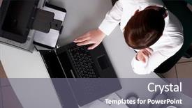  Presentation with woman office desk - Presentation theme having young business woman working on a laptop at his desk in the office background and a gray colored foreground