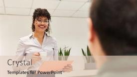 Presentation with job interview - Beautiful slide set featuring young business woman with a document during a job interview in the office backdrop and a lemonade colored foreground