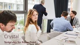  Presentation with conference table - PPT theme featuring young-business-woman background and a mint green colored foreground