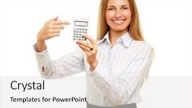  Presentation with business calculator - Audience pleasing theme consisting of power point - young business woman backdrop and a light gray colored foreground