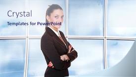  Presentation with business women - Presentation consisting of young business women standing in office background and a sky blue colored foreground