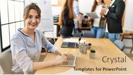  Presentation with working - Slide deck featuring young-business-worker-smiling-happy background and a  colored foreground