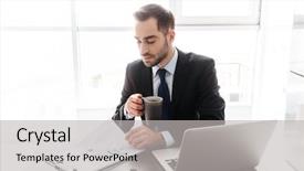  Presentation with formal - Presentation theme featuring statistics flat - image of young businessman 30s background and a light gray colored foreground