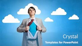  Presentation with acting - Cool new slide deck with young-businessman-acting-like-super backdrop and a teal colored foreground