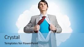  Presentation with acting - Cool new slides with young businessman acting like super hero and tearing his shirt off backdrop and a light blue colored foreground