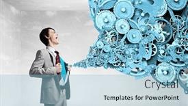  Presentation with acting - Colorful presentation design enhanced with young businessman acting like super hero and tearing his shirt off backdrop and a light blue colored foreground