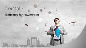  Presentation with acting - Slide deck with young businessman acting like super hero and tearing his shirt off background and a light gray colored foreground