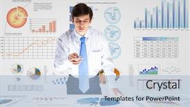  Presentation with market data - Theme featuring young businessman analyzing data information background and a light blue colored foreground