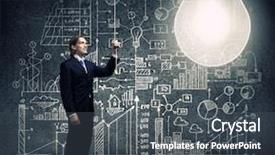  Presentation with light bulb idea invention presenter - Colorful presentation enhanced with young businessman and big light backdrop and a  colored foreground