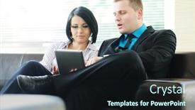  Presentation with lobby - Cool new PPT theme with young businessman and business woman sitting at office lobby on leather sofa working with tablet pc backdrop and a wine colored foreground