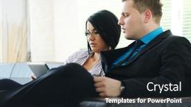  Presentation with lobby - Amazing slide set having young businessman and business woman sitting at office lobby on leather sofa working with tablet pc backdrop and a wine colored foreground