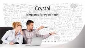  Presentation with planning - Amazing theme having young businessman and businesswoman planning and calculating with various business ideas backdrop and a white colored foreground