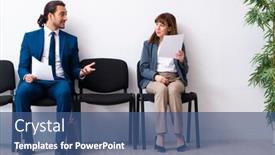  Presentation with interview - PPT layouts having young-businessman-and-businesswoman-waiting background and a ocean colored foreground