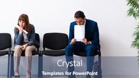  Presentation with interview - PPT theme having young-businessman-and-businesswoman-waiting background and a ocean colored foreground