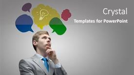  Presentation with thoughts - Slides featuring young businessman and colorful thoughts above her head background and a gray colored foreground