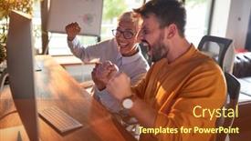  Presentation with done - Beautiful presentation theme featuring young-businessman-and-elderly-female backdrop and a tawny brown colored foreground