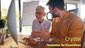  Presentation with business office desk - Audience pleasing PPT layouts consisting of young-businessman-and-elderly-female backdrop and a tawny brown colored foreground