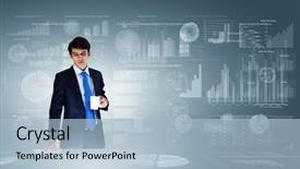  Presentation with digitalization information - Theme featuring young businessman and statistics information background and a light blue colored foreground