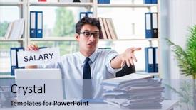  Presentation with salary - Beautiful slides featuring young businessman asking for salary backdrop and a light blue colored foreground