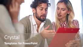  Presentation with data meeting - Amazing slides having young-businessman-at-a-meeting backdrop and a coral colored foreground