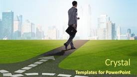  Presentation with crossroads - Colorful presentation theme enhanced with young businessman at crossroads in uncertainty concept backdrop and a tawny brown colored foreground