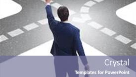  Presentation with crossroads - Audience pleasing presentation design consisting of young businessman at crossroads in uncertainty concept backdrop and a ocean colored foreground