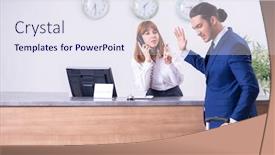  Presentation with hotel - Audience pleasing PPT theme consisting of young-businessman-at-hotel-reception backdrop and a sky blue colored foreground