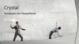  Presentation with light bulb graduation cap - Presentation design with young businessman benting from thrown background and a light gray colored foreground