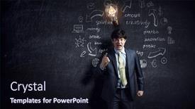  Presentation with decision - Theme having young-businessman-beside-chalk-board background and a wine colored foreground