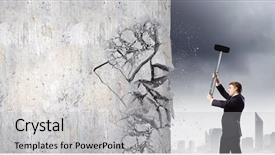  Presentation with cement - PPT theme consisting of young businessman breaking cement wall background and a light gray colored foreground