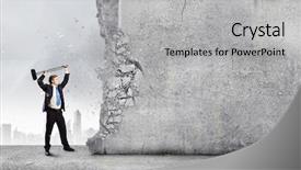 Presentation with breaking through - Cool new PPT theme with young businessman breaking cement wall backdrop and a light gray colored foreground