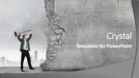  Presentation with breaking through - Presentation having young businessman breaking cement wall background and a gray colored foreground