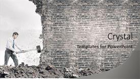  Presentation with old young - Theme consisting of young businessman breaking old wall background and a light gray colored foreground